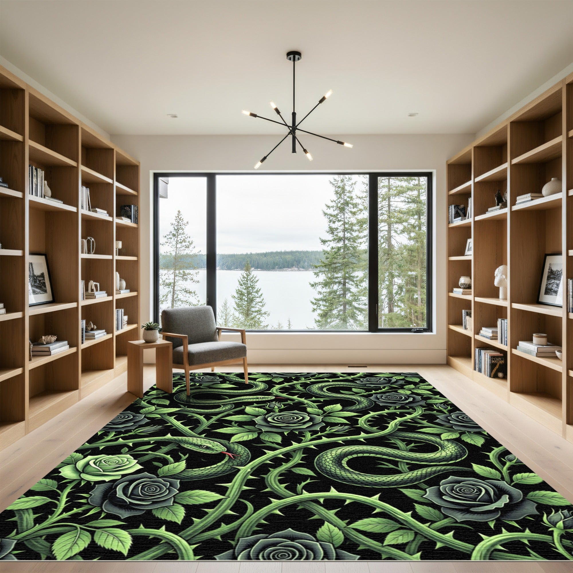 Dark Serpent and Rose Botanical Tapestry Rug