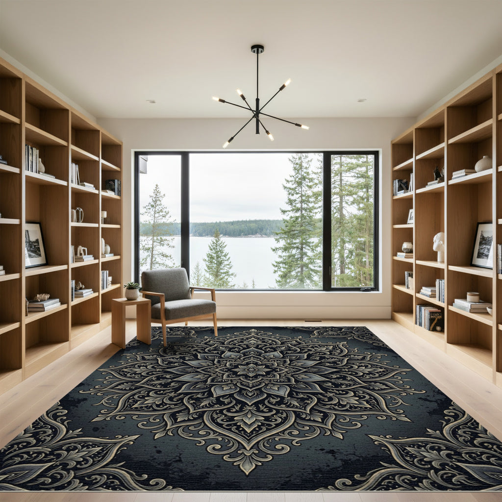 Midnight Charcoal Ornate Floral Medallion Rug
