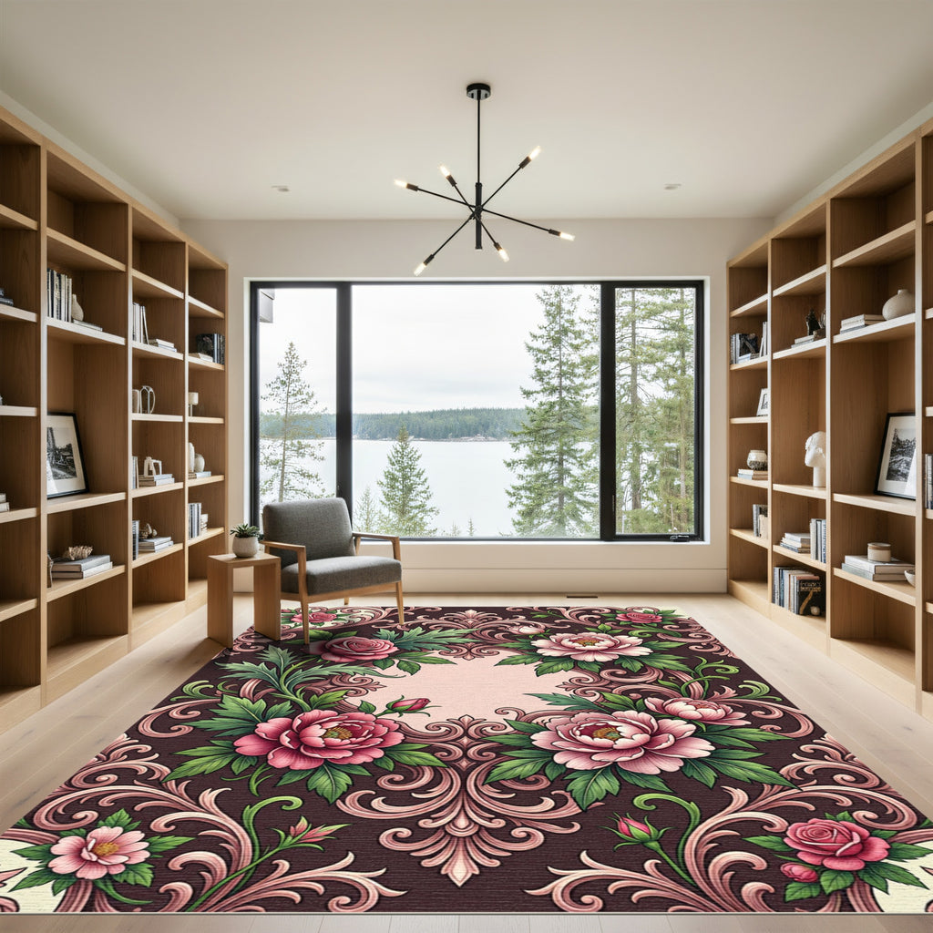 Ornate Pink Floral Scrollwork Rug