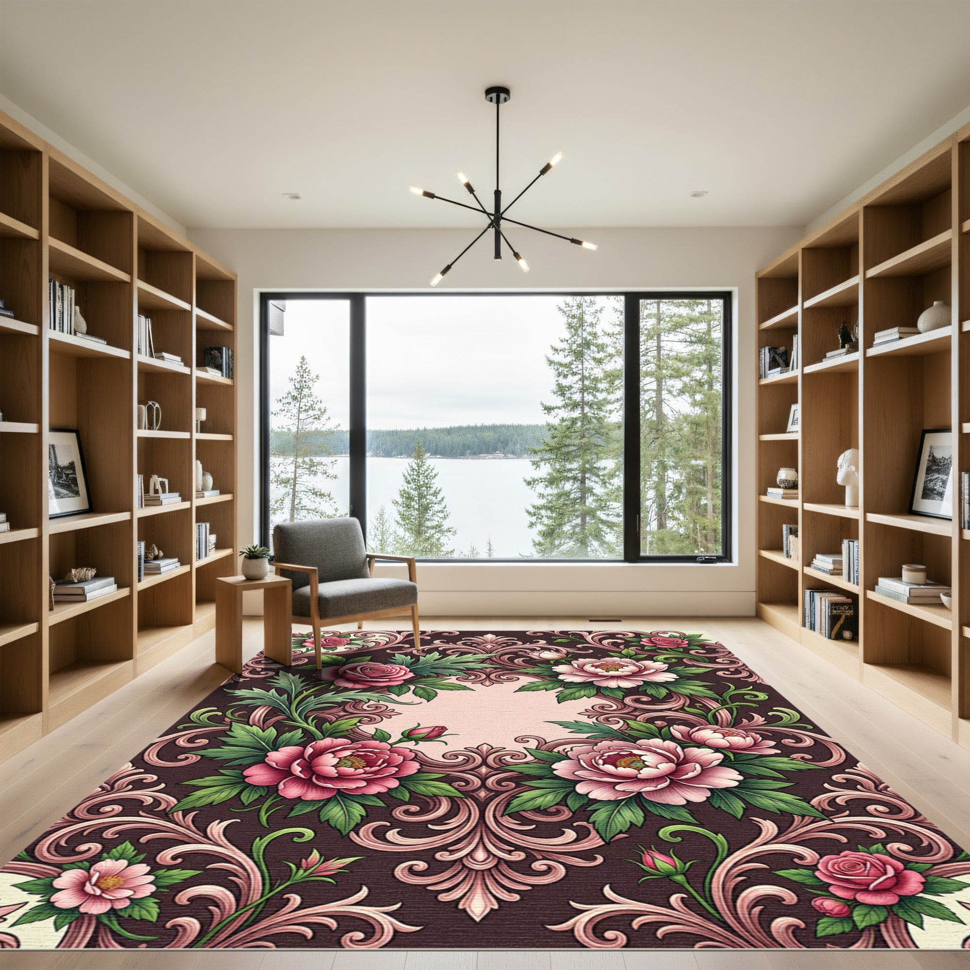 Ornate Pink Floral Scrollwork Rug