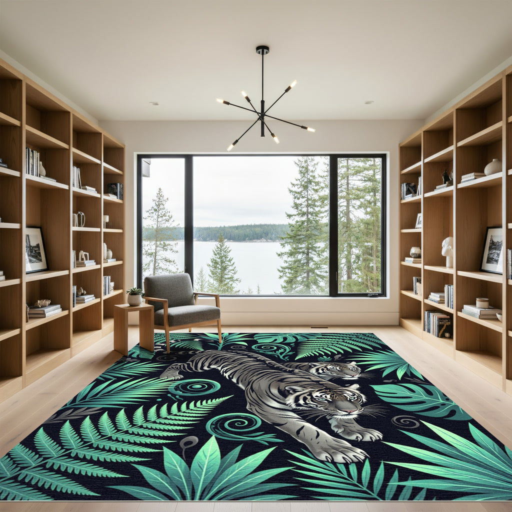 Jungle Tigers Lush Green Ferns Rug