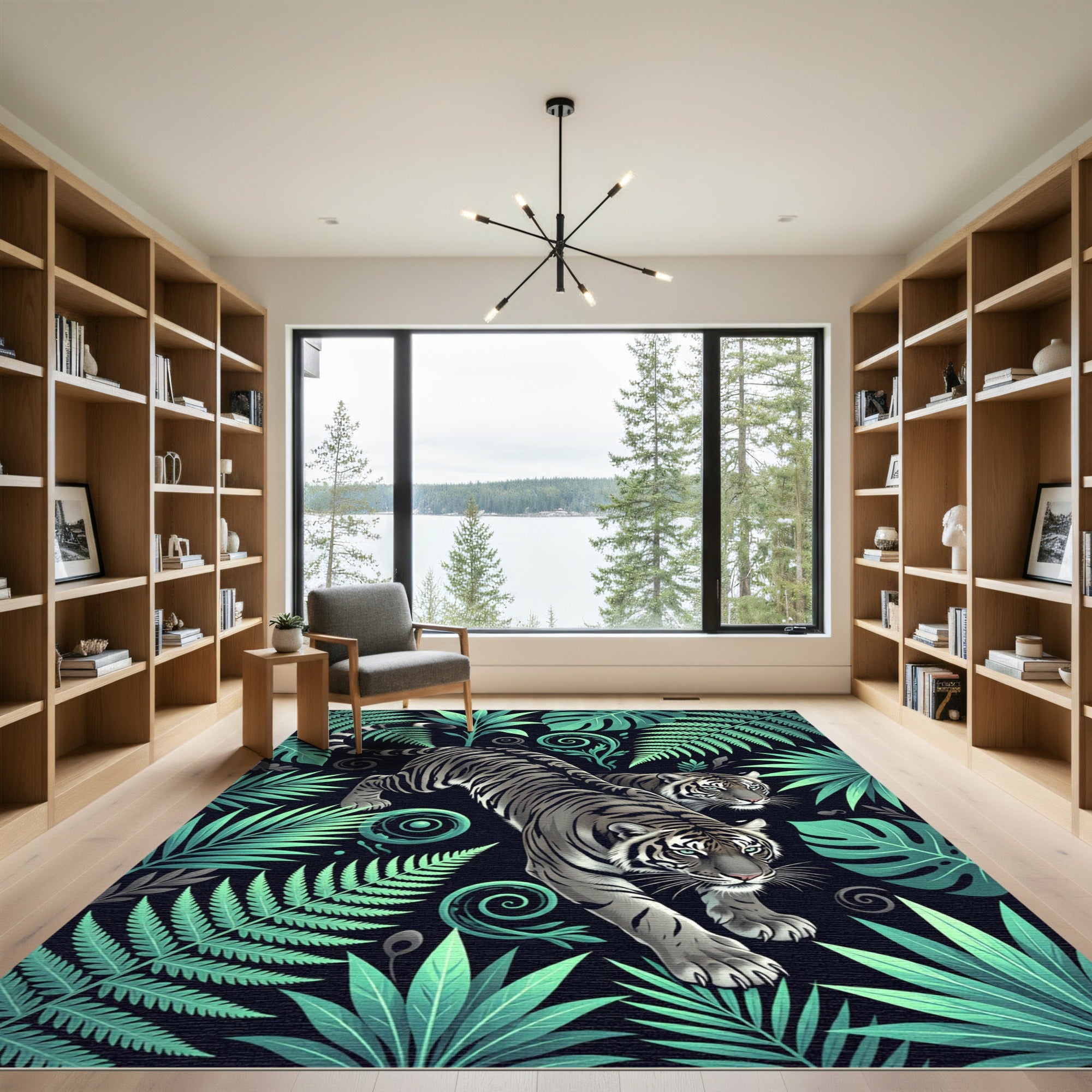 Jungle Tigers Lush Green Ferns Rug