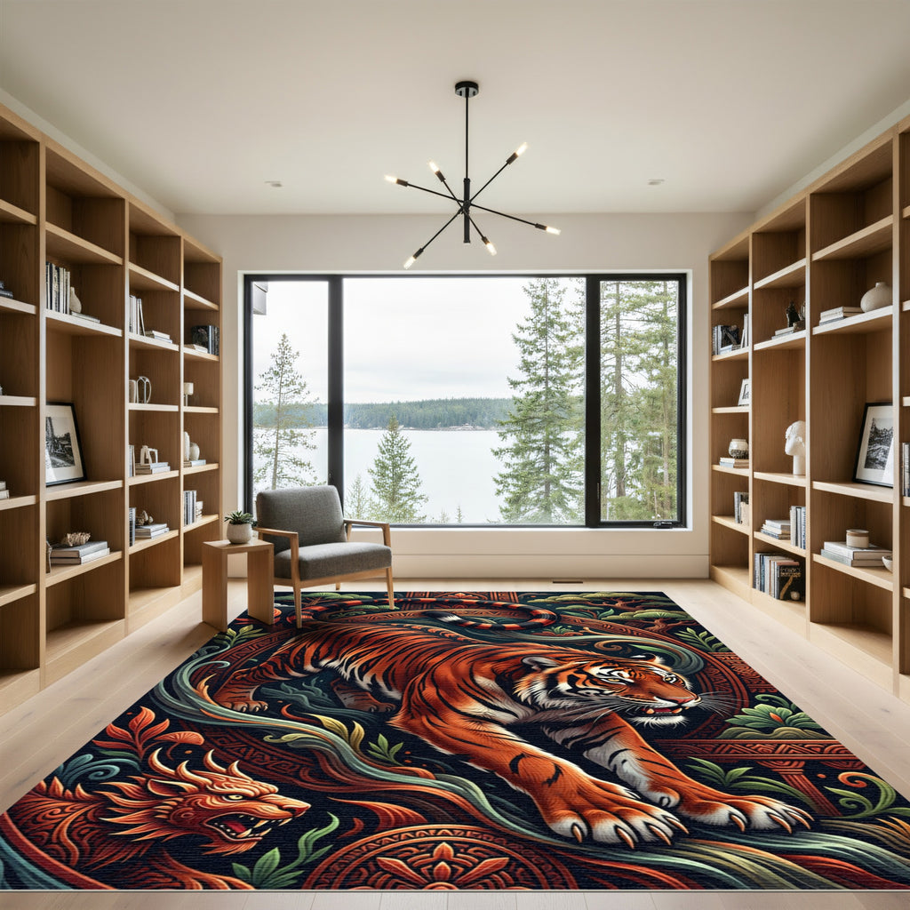 Crimson Tiger Mythical Dragon Forest Rug