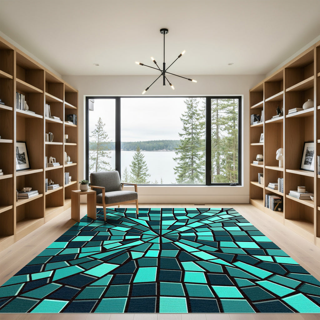 Abstract Teal Geometric Shard Mosaic Rug