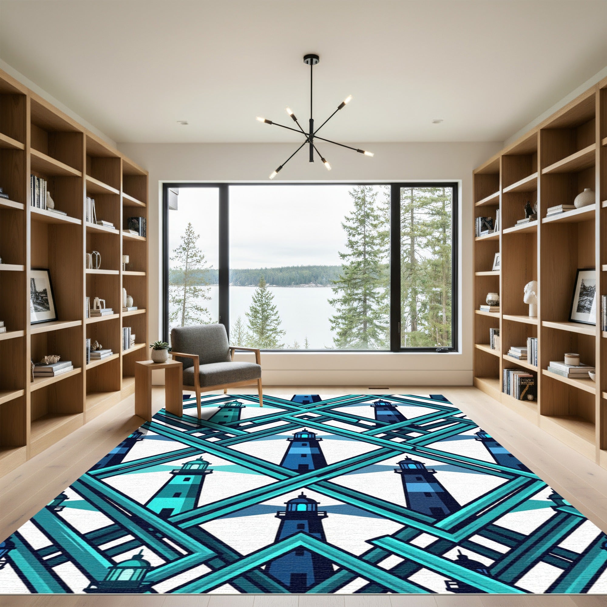Geometric Teal Lighthouse Lattice Grid Rug