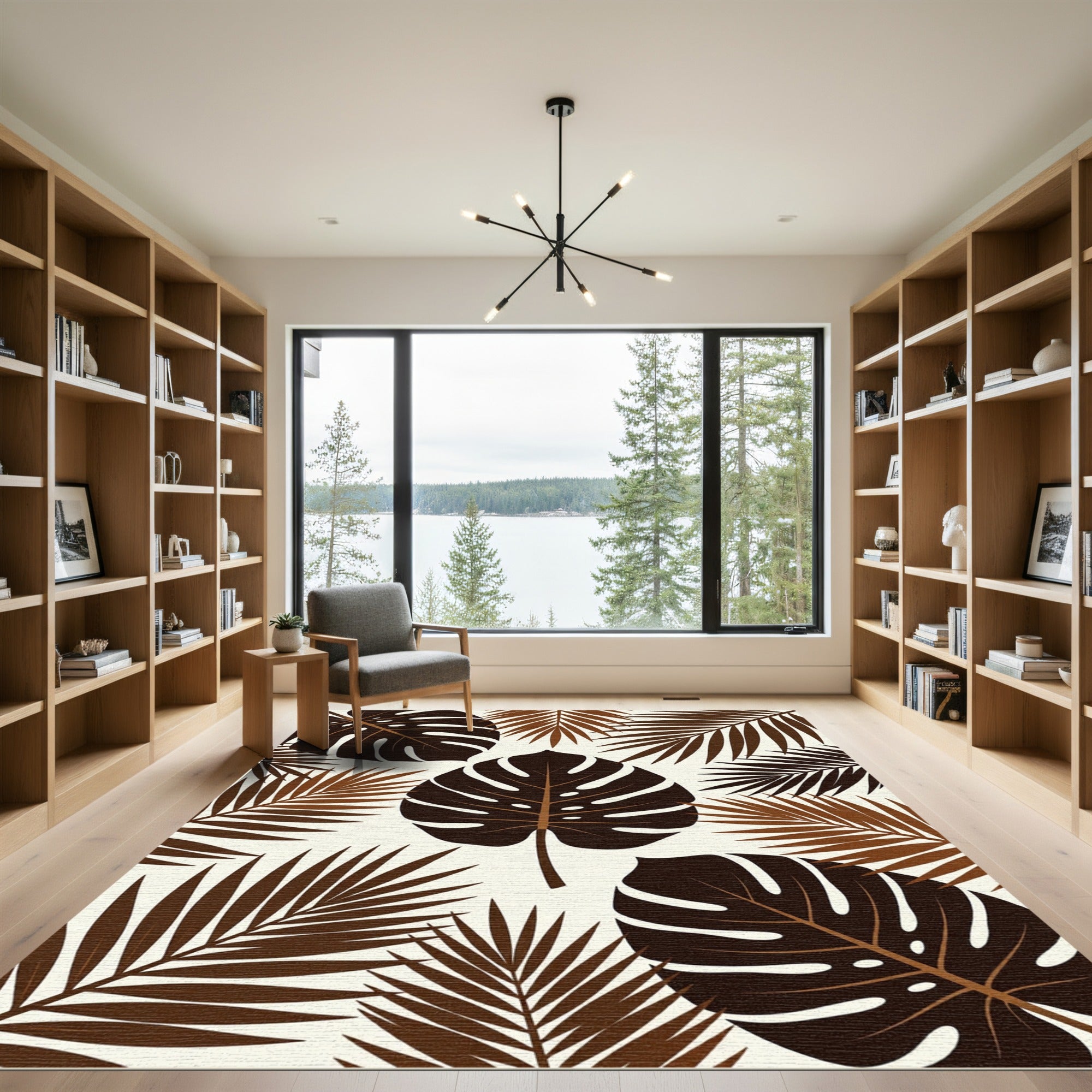 Rich Brown Tropical Leaf Arrangement Rug