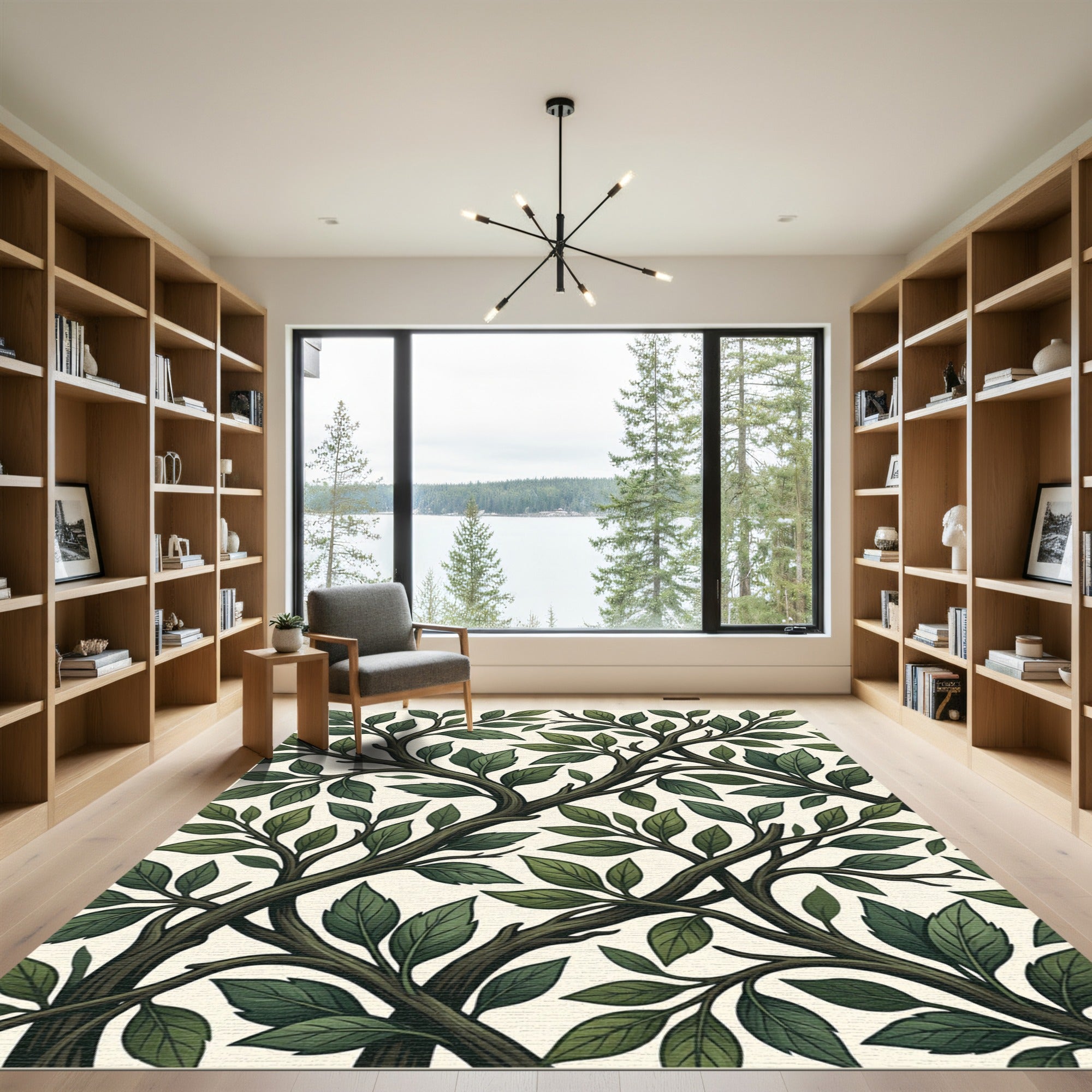 Dark Green Leafy Branch Tableau Rug