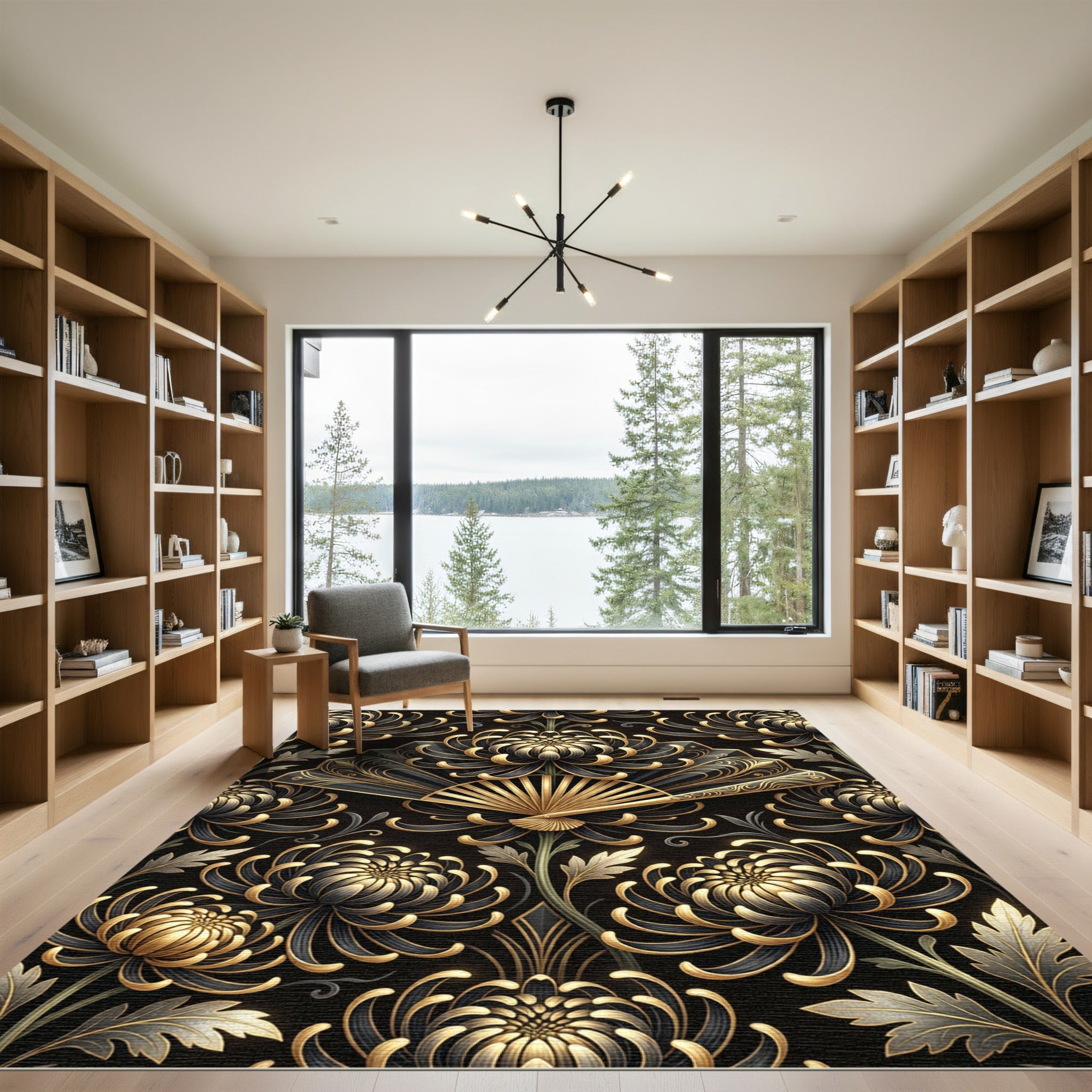 Elegant Gold and Charcoal Chrysanthemum Fan Rug