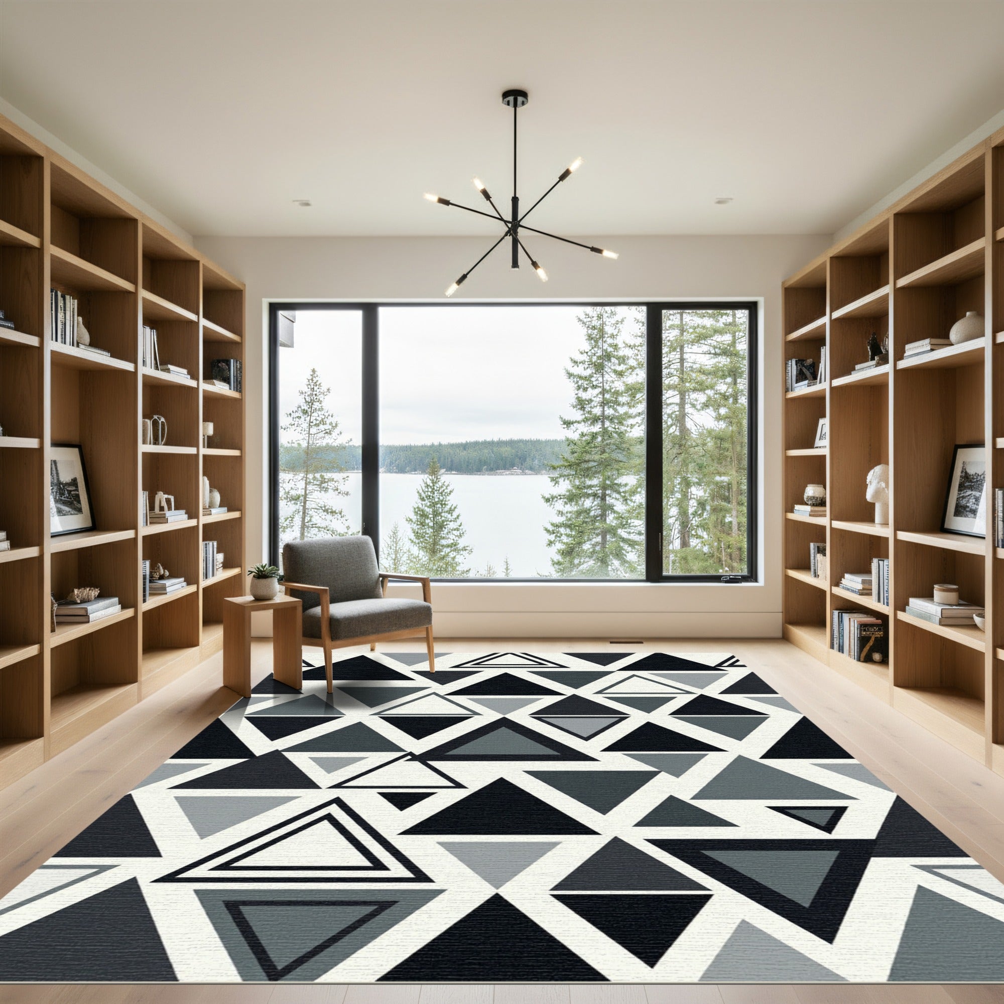 Black Gray Geometric Triangle Overlay Rug
