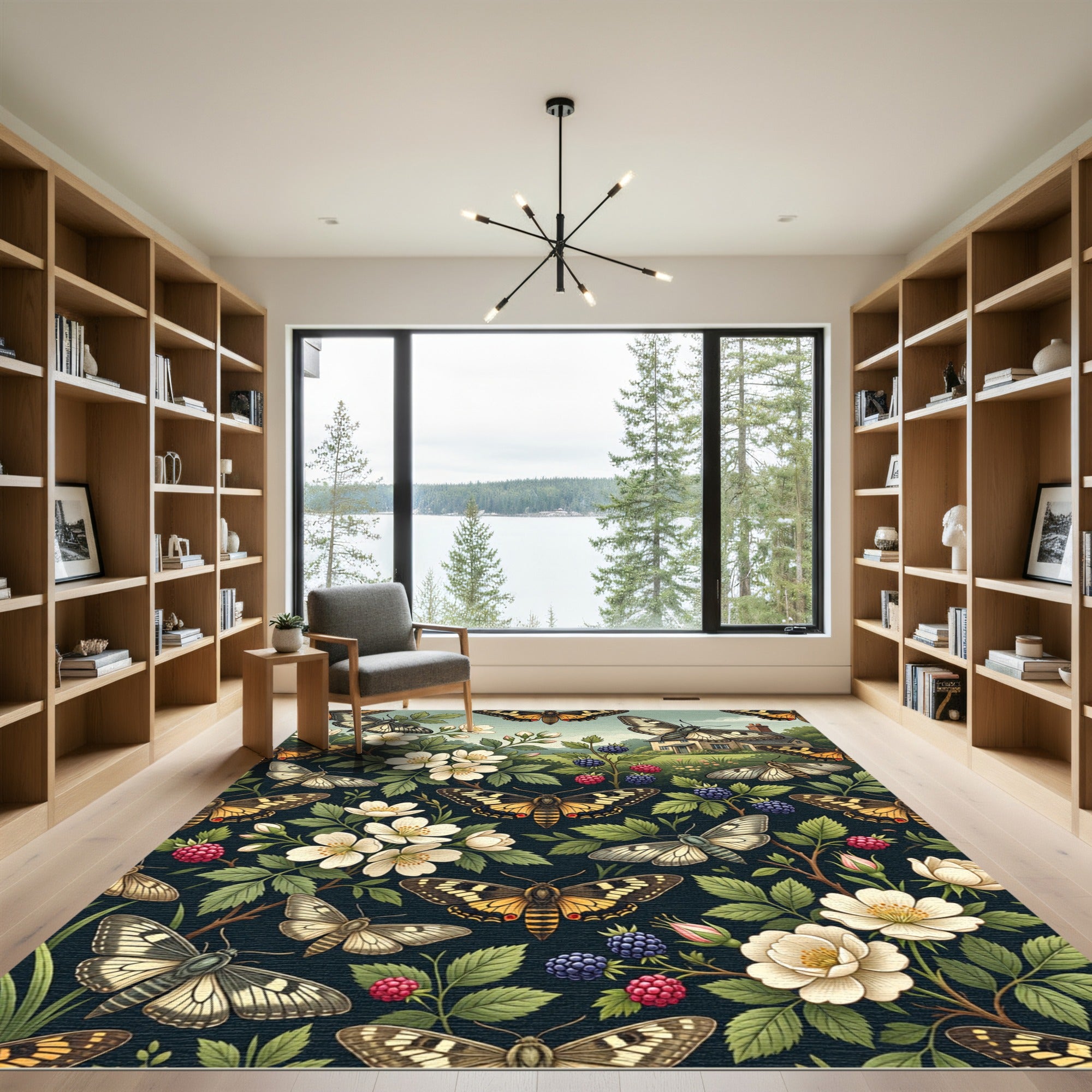 Whimsical Golden Butterfly and Blackberry Garden Rug
