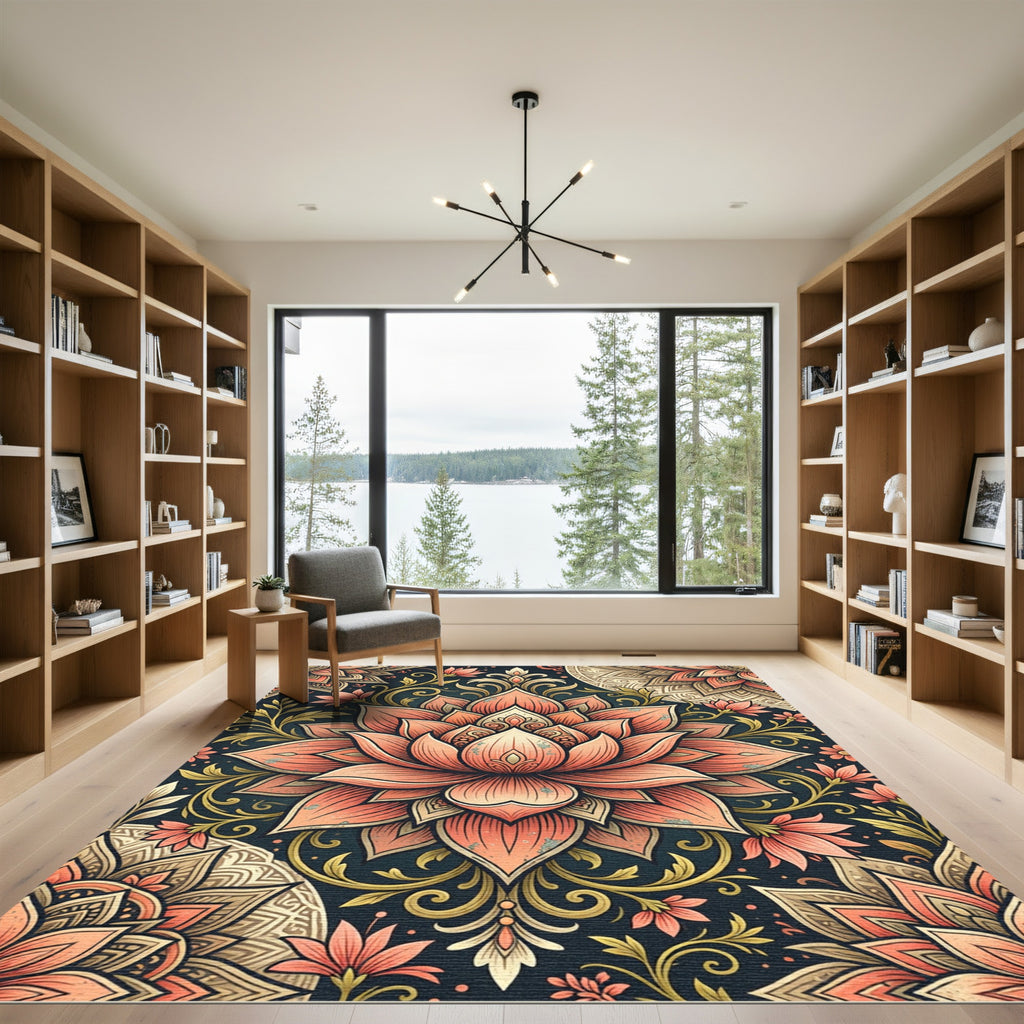 Elegant Peach Lotus Floral Medallion Rug