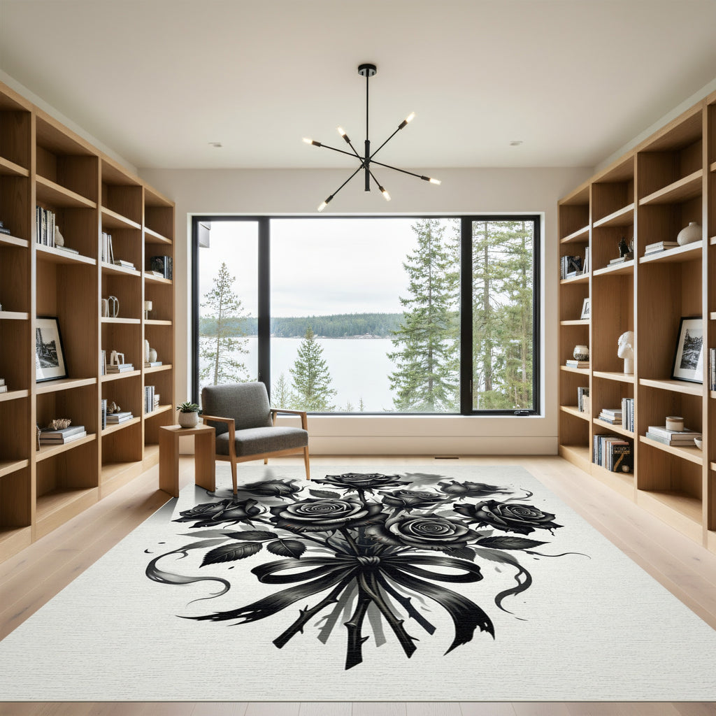 Monochromatic Black Rose Bouquet Ribbon Rug