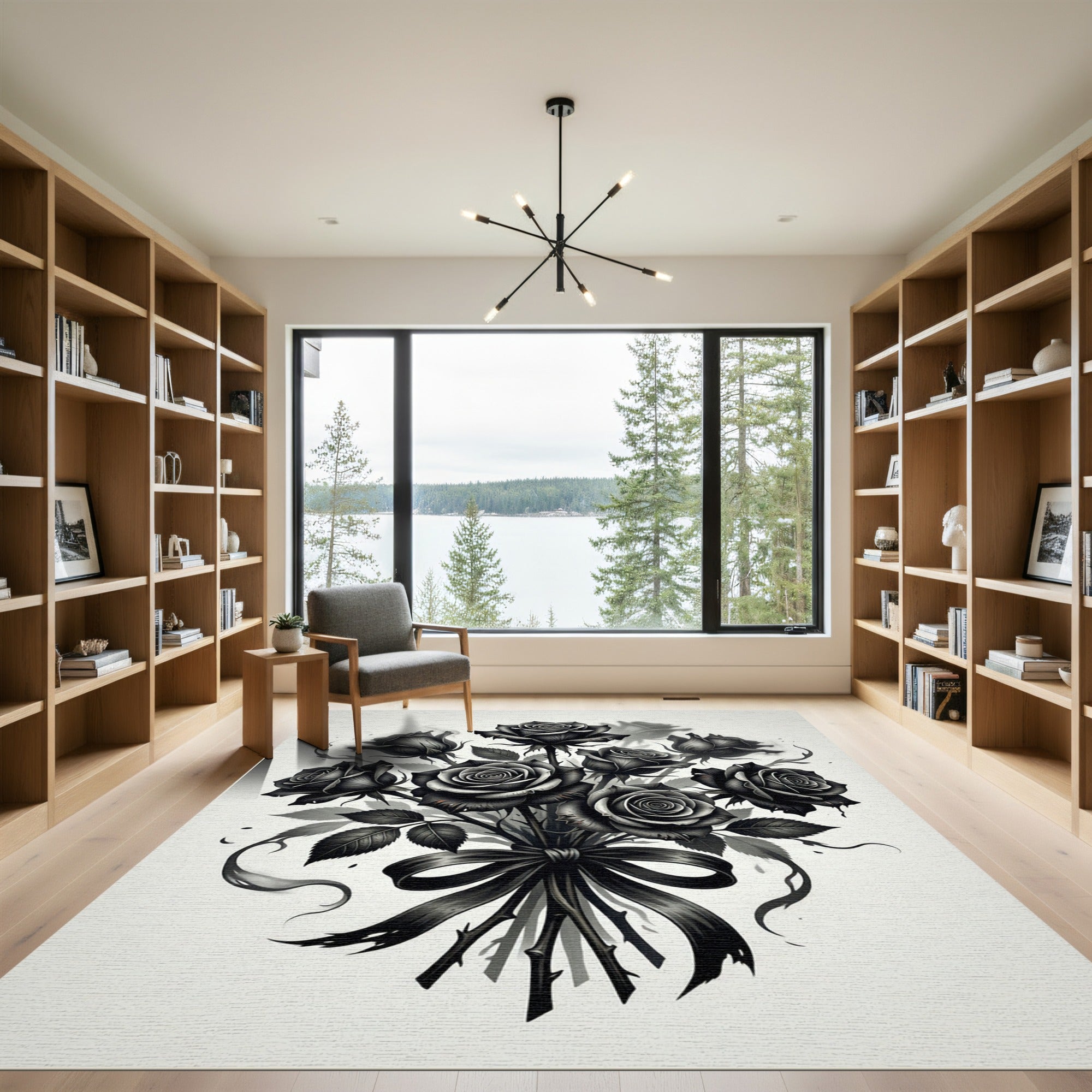 Monochromatic Black Rose Bouquet Ribbon Rug