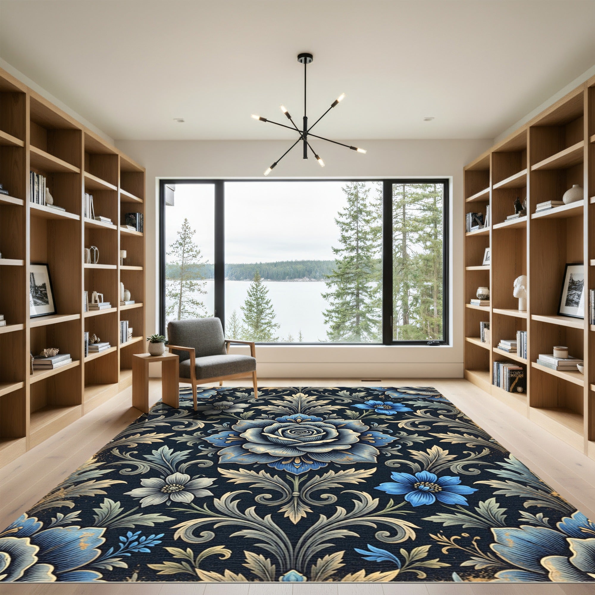 Elegant Blue Rose Damask Floral Rug