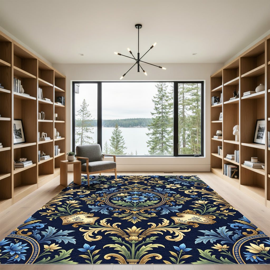 Ornate Blue and Gold Floral Damask Rug