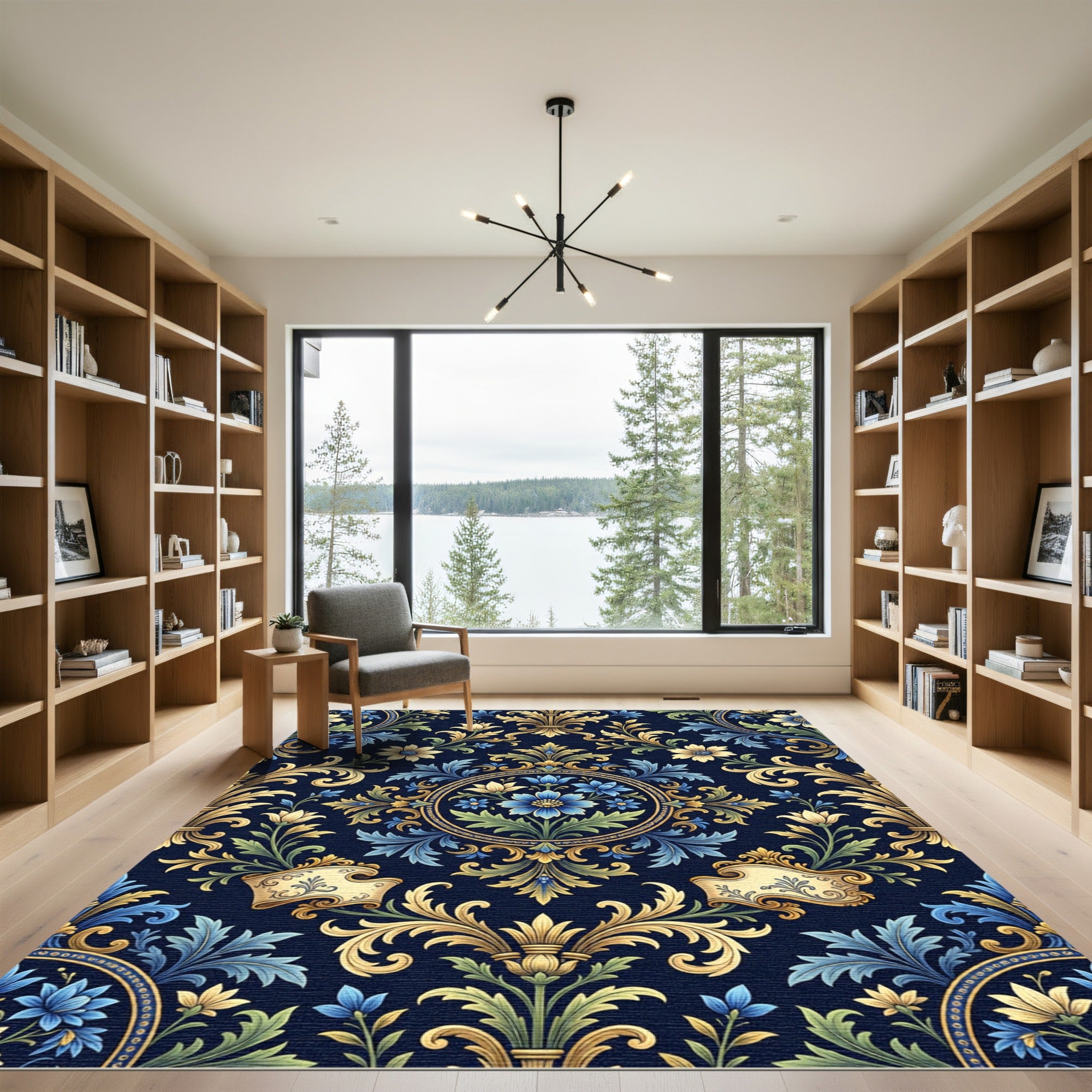 Ornate Blue and Gold Floral Damask Rug