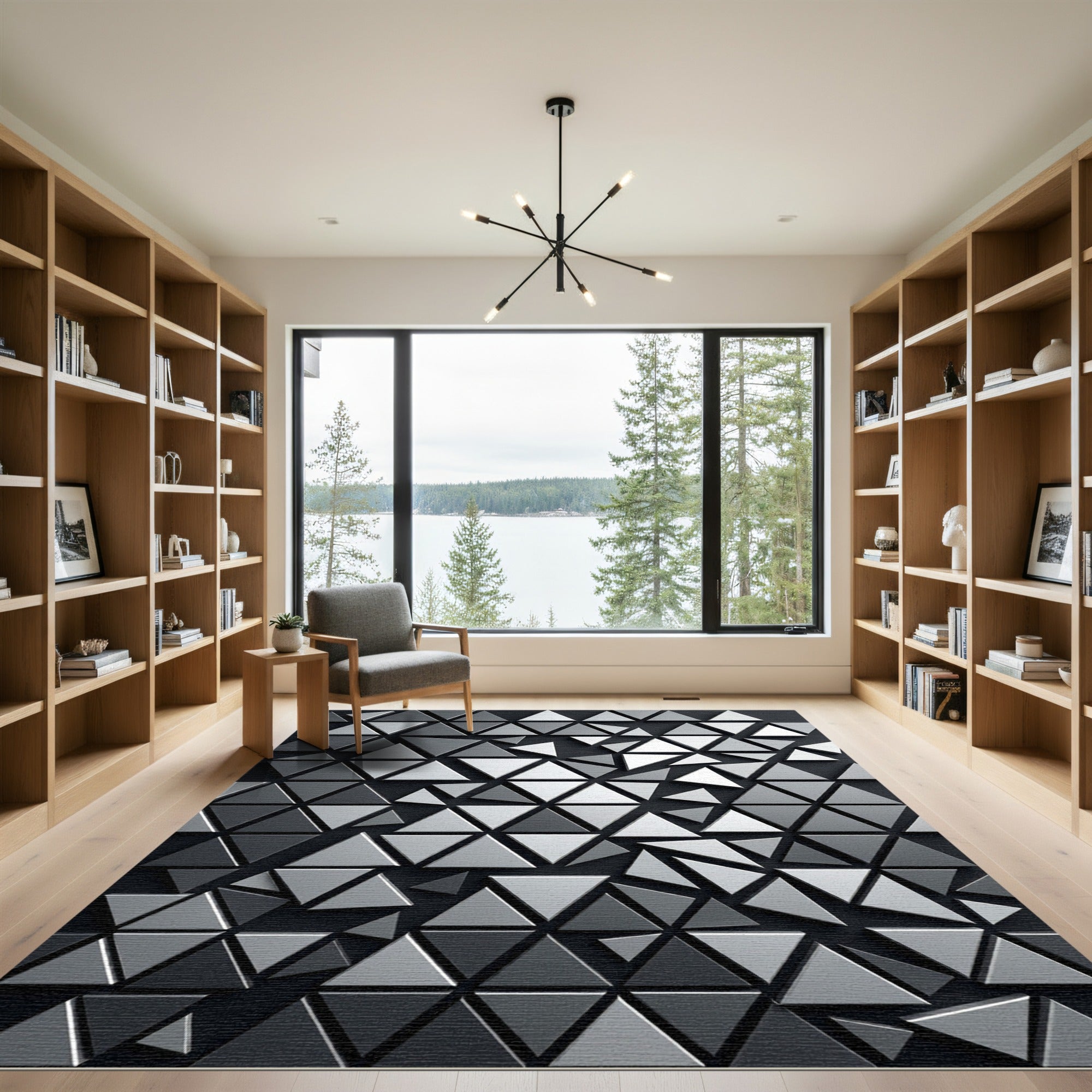 Monochromatic Silver Geometric Triangle Mosaic Rug
