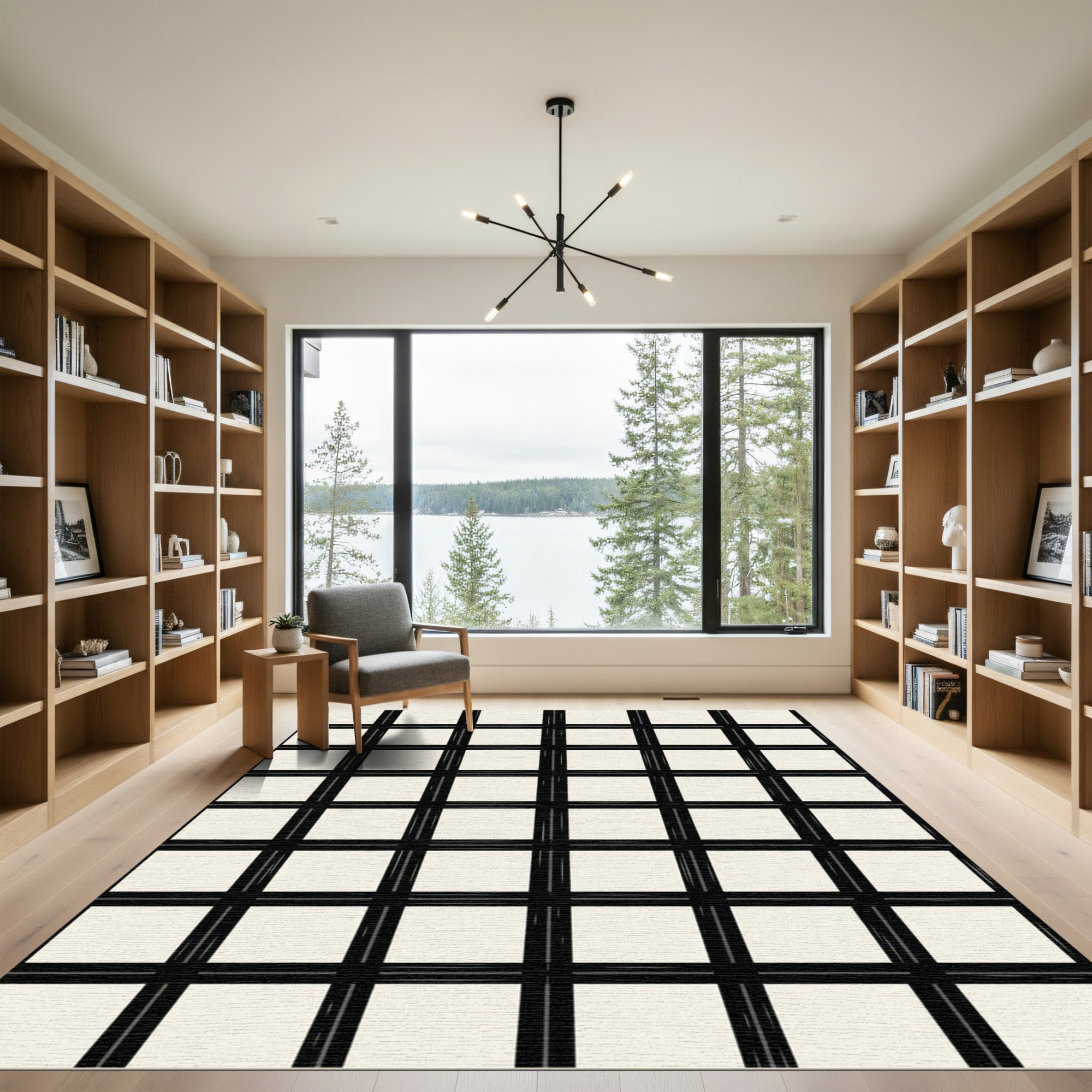 Black White Grid Squares Rug