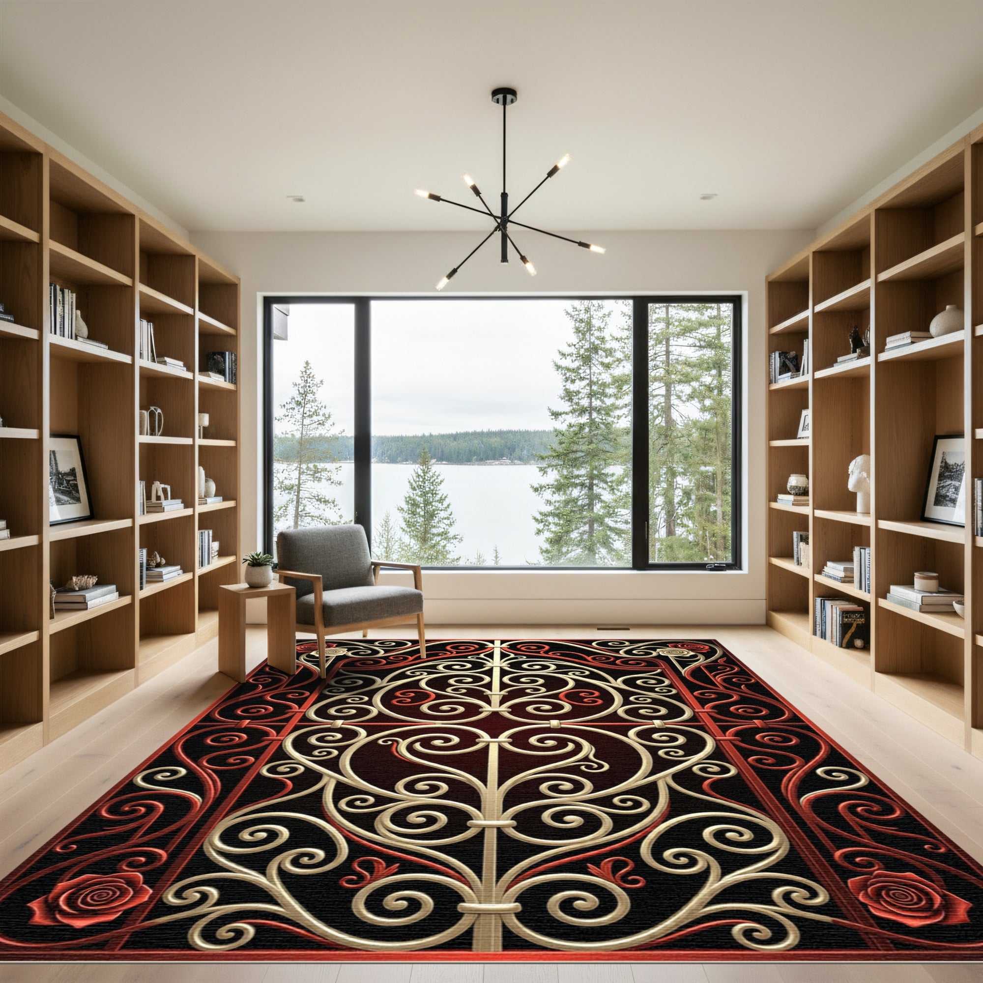 Red Cream Scrollwork Rose Garden Gate Rug