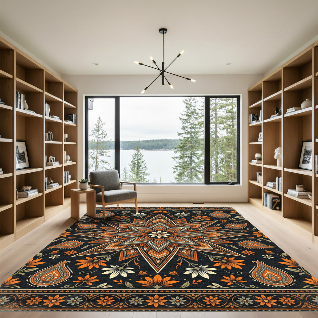 Orange Black Floral Starburst Mandala Rug
