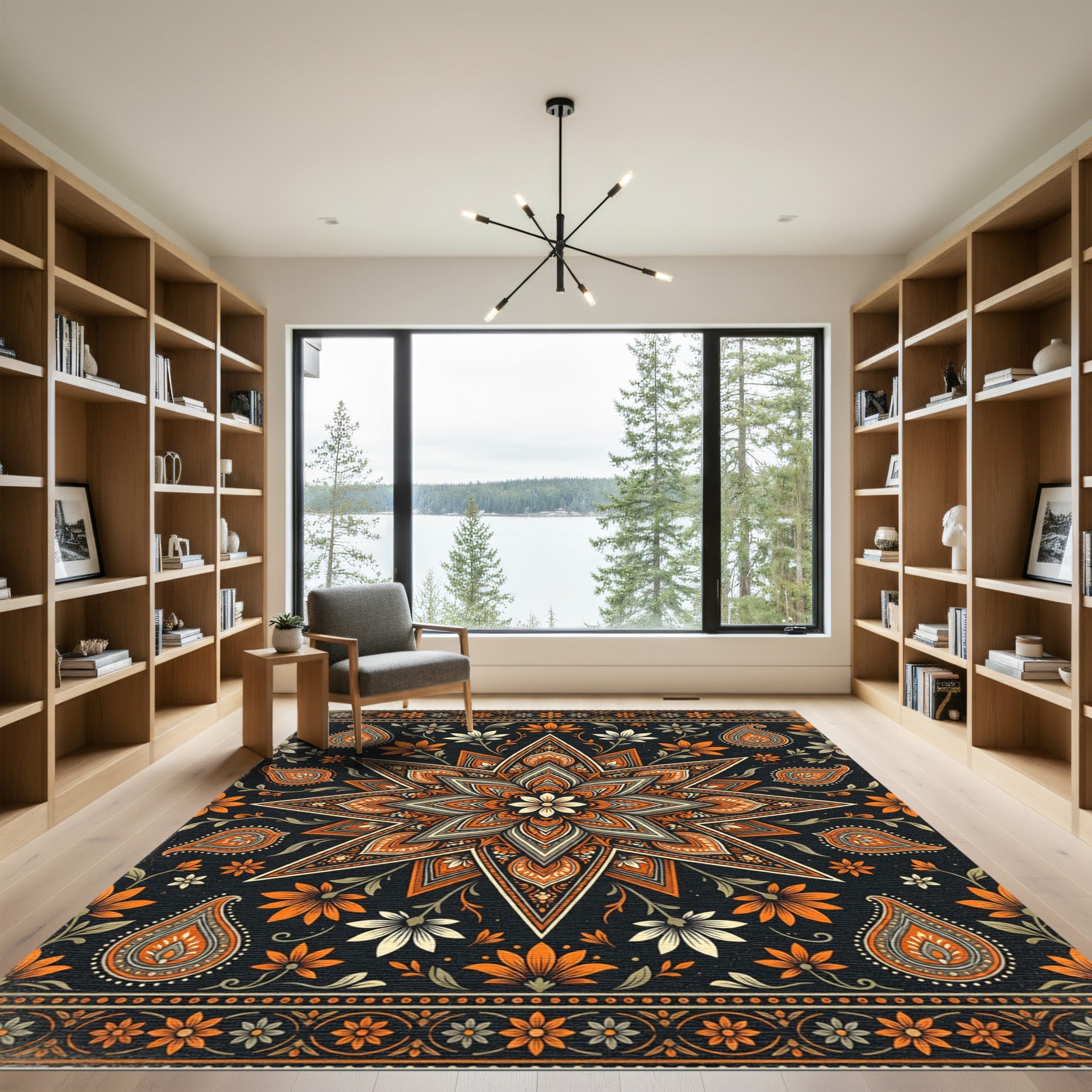 Orange Black Floral Starburst Mandala Rug