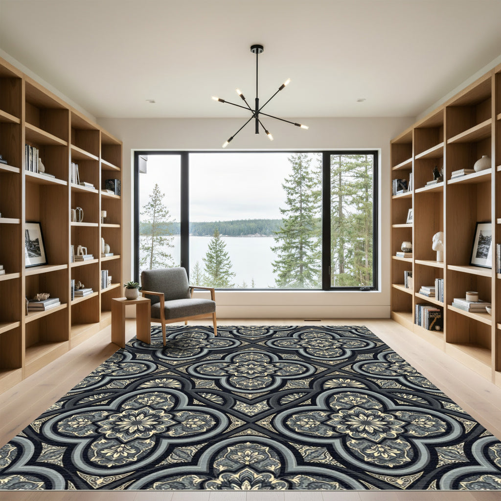 Elegant Slate Gray Damask Quatrefoil Rug