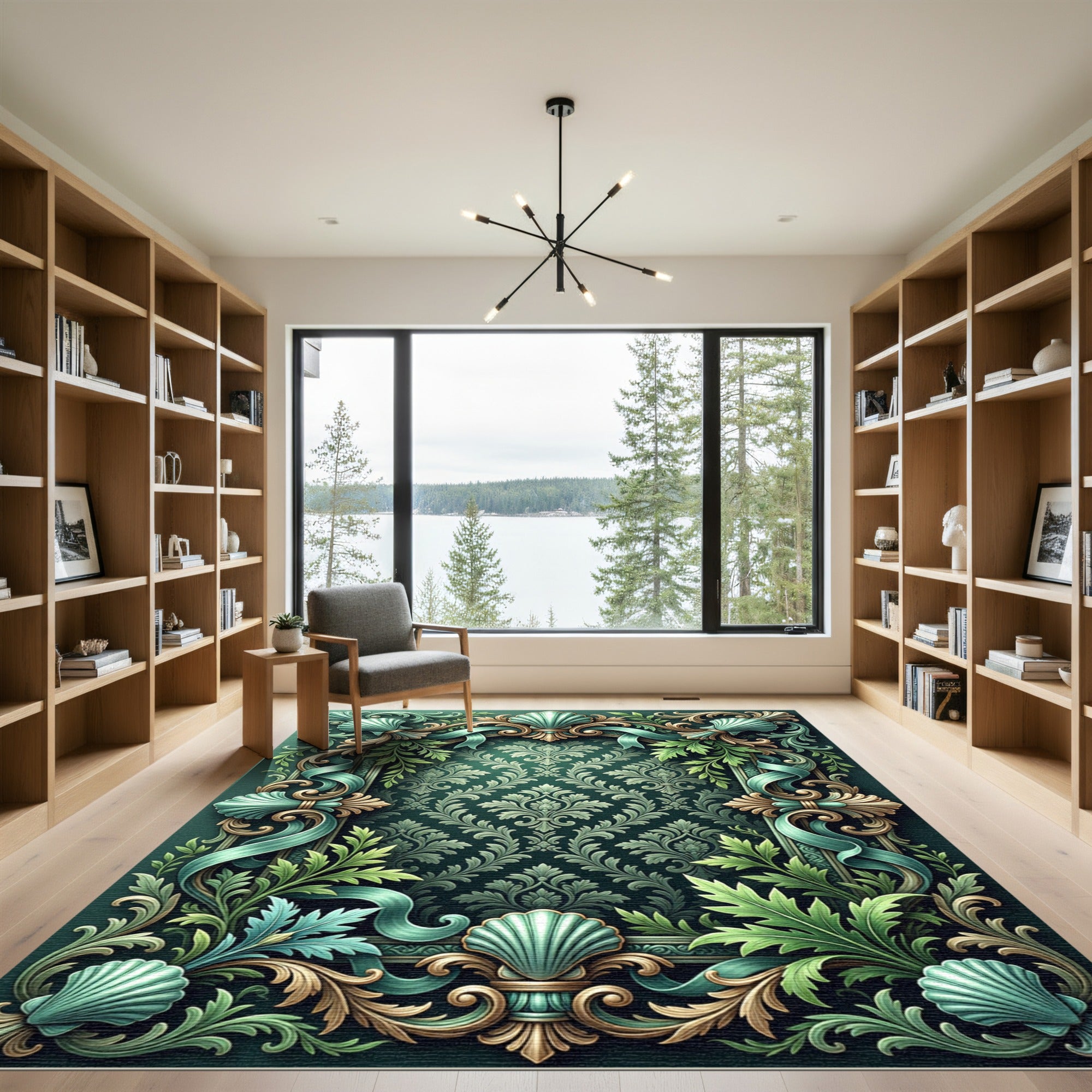 Emerald Teal Shell Scroll Foliage Rug