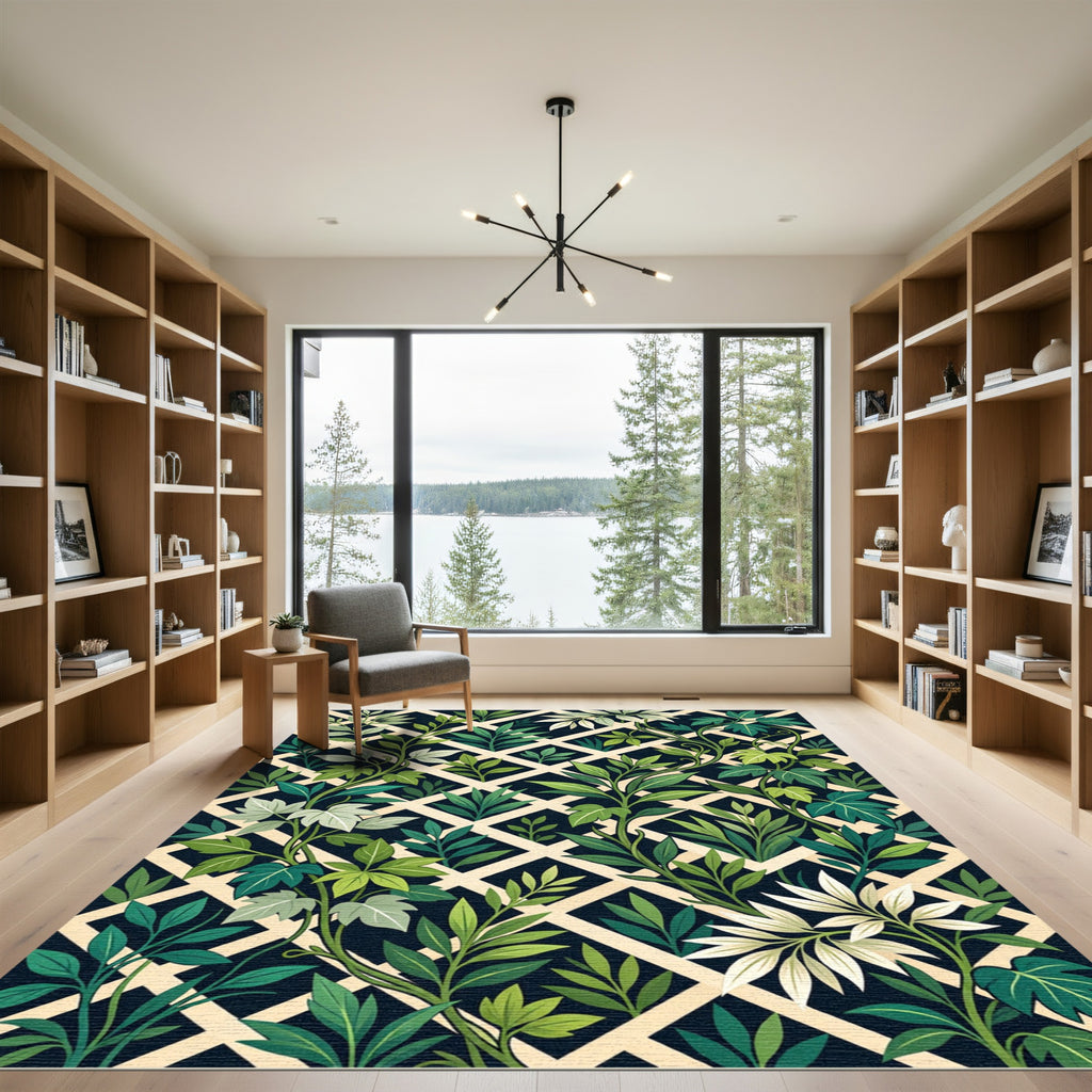 Lush Green Botanical Lattice Trellis Rug