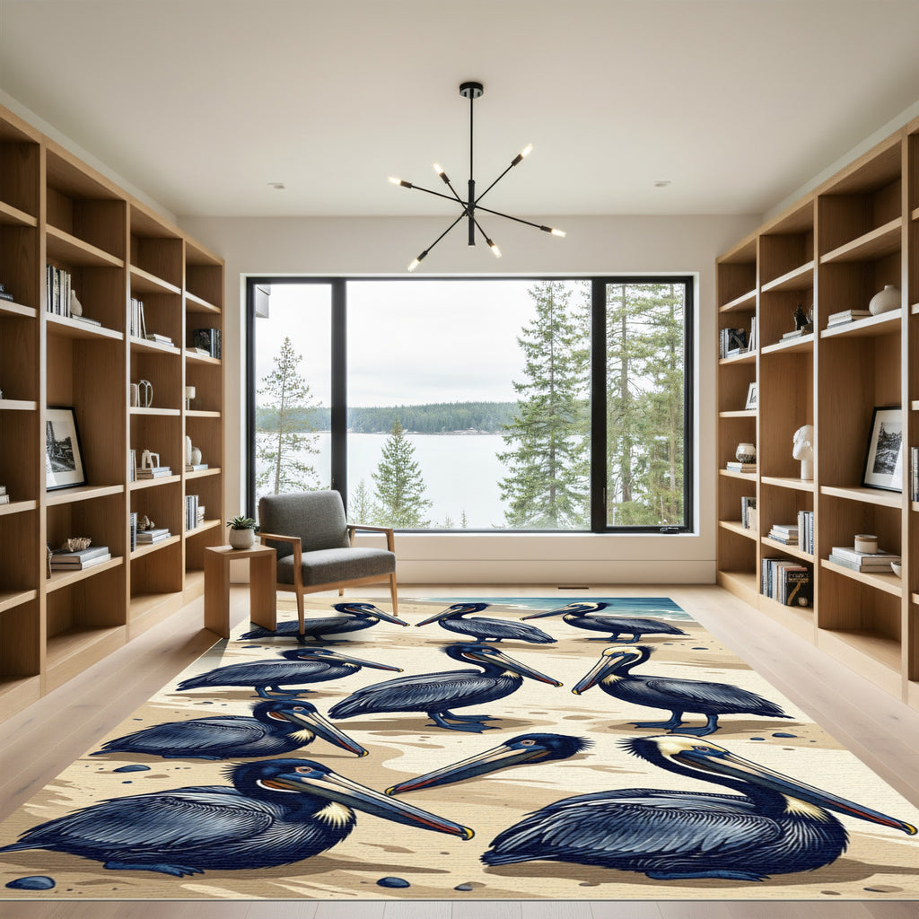 Coastal Navy Pelican Beach Illustration Rug