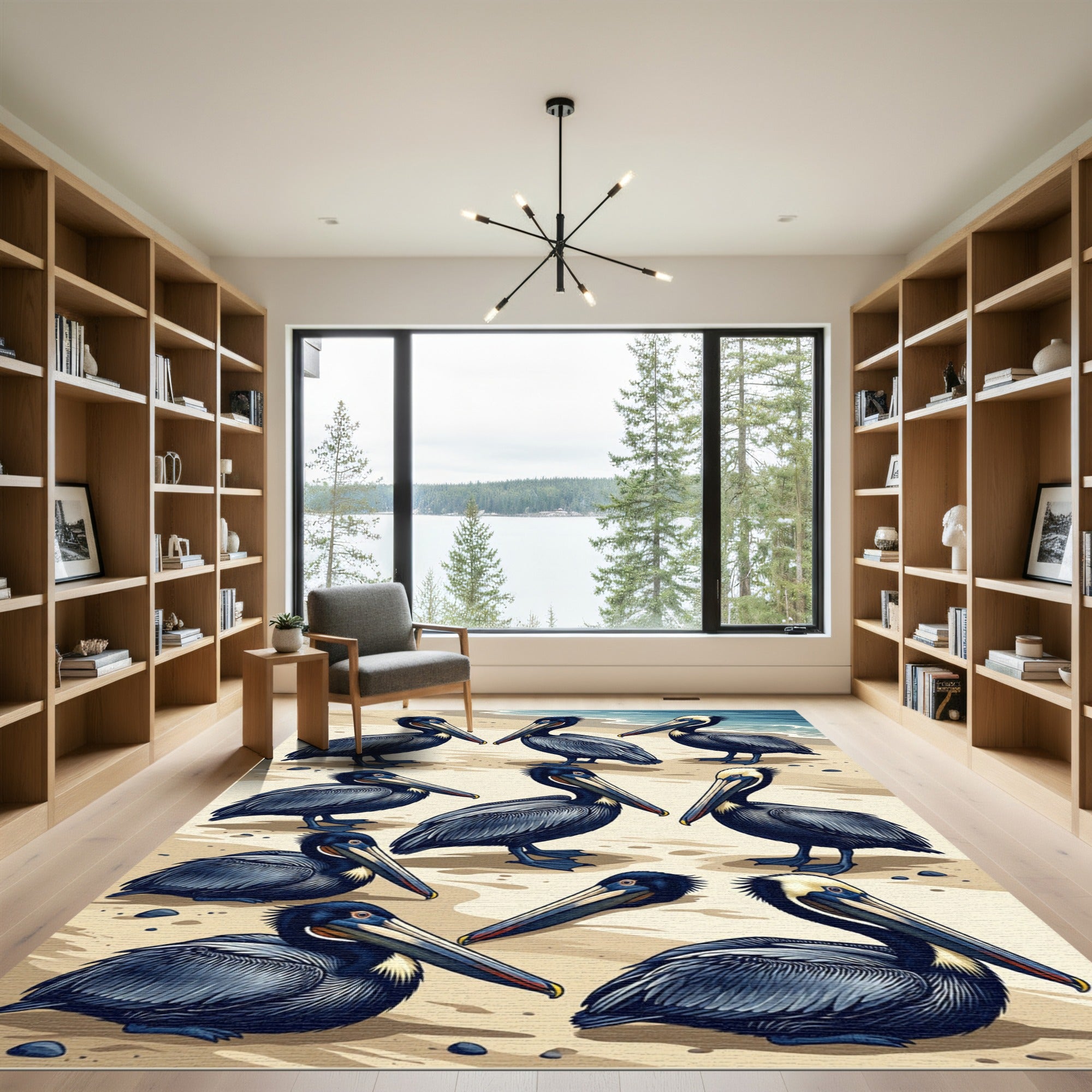 Coastal Navy Pelican Beach Illustration Rug
