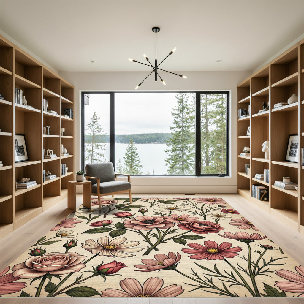 Vintage Romantic Blush Floral Botanical Art Rug