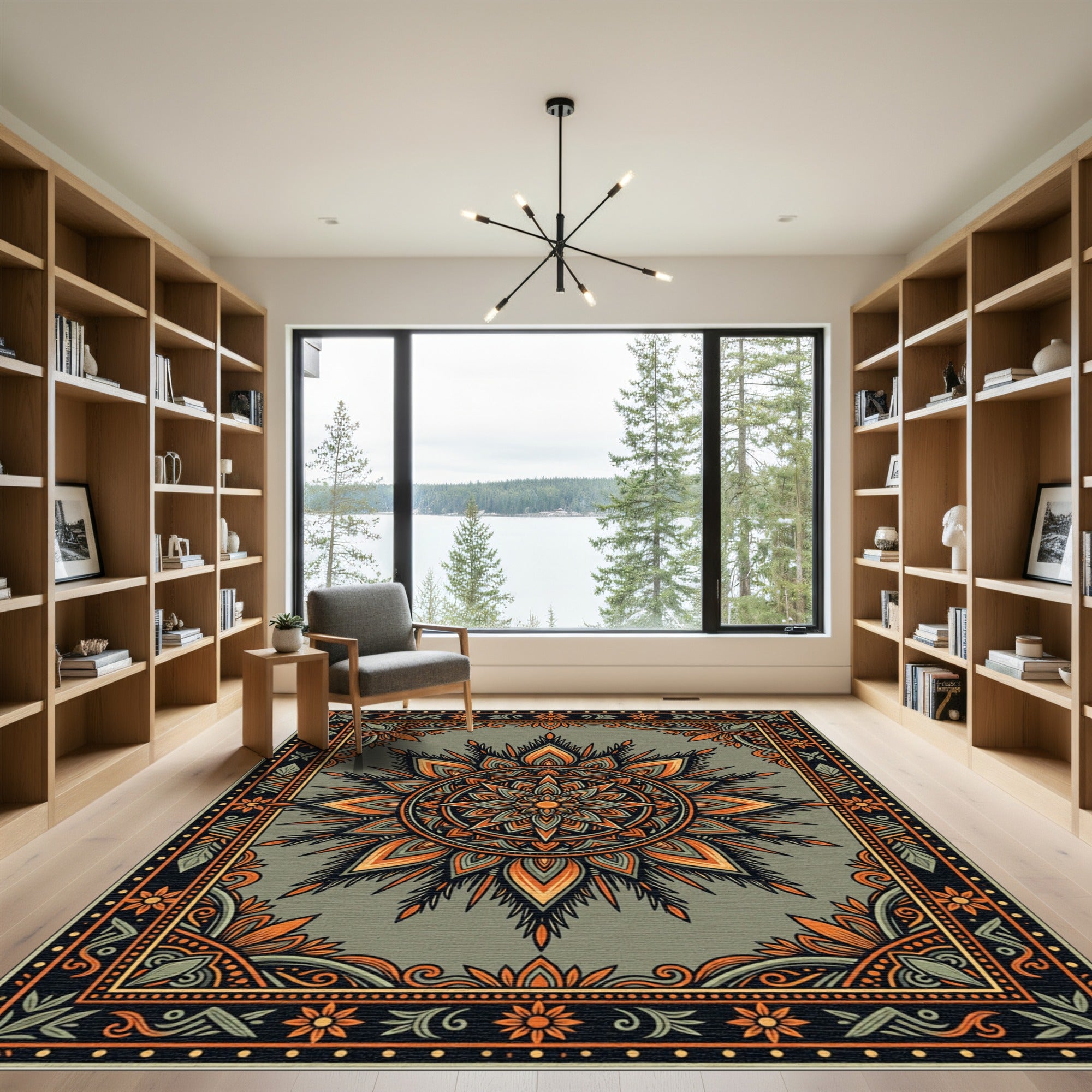 Earthy Orange Sage Mandala Sun Medallion Rug