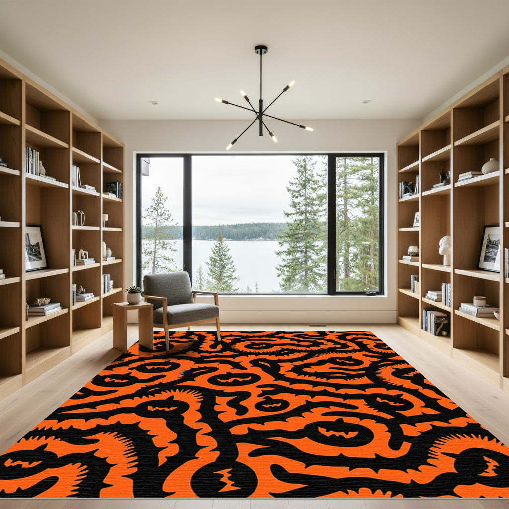 Spooky Orange Black Pumpkin Vine Rug