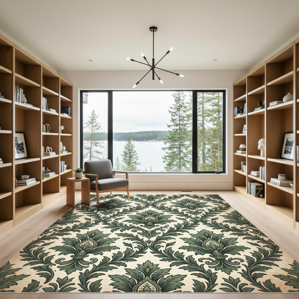 Emerald Damask Botanical Scroll Art Rug