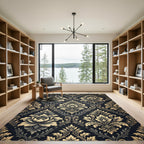 Golden Damask Floral Midnight Tapestry Rug