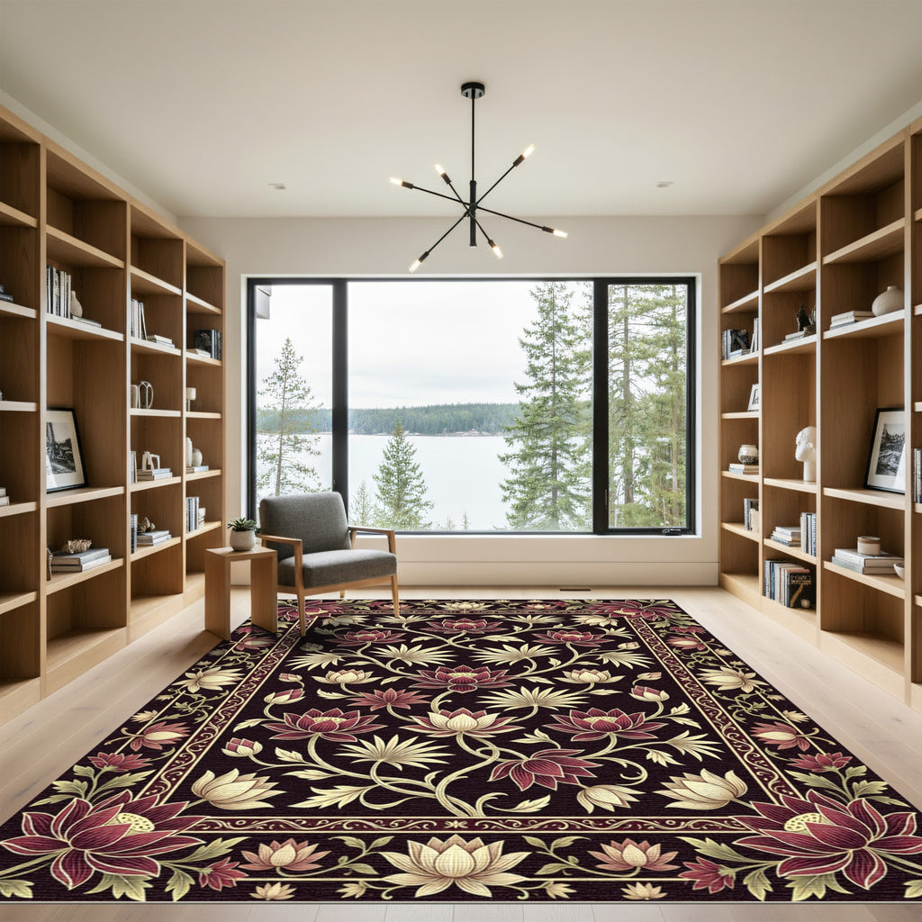 Dark Crimson Lotus Garden Medallion Rug