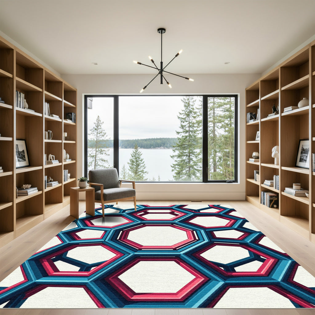 Bold Geometric Azure and Crimson Hexagon Rug