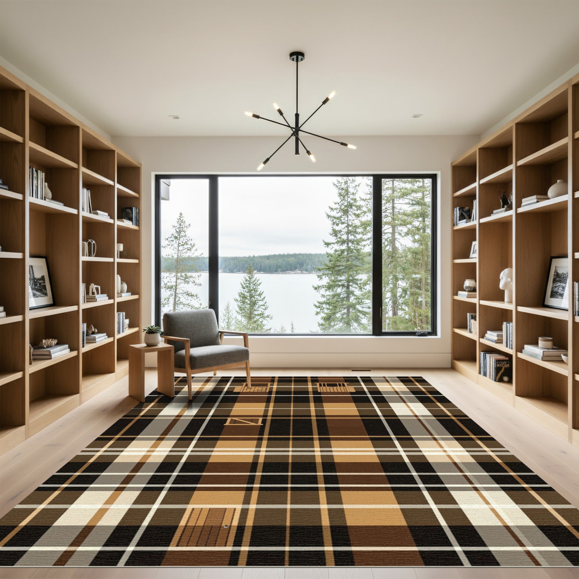 Brown Tan White Plaid Barn Scene Rug