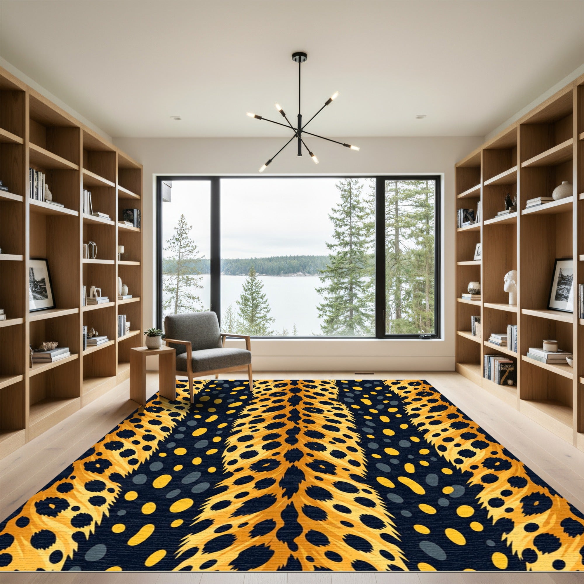 Golden Animal Spots with Navy Vertical Stripes Rug