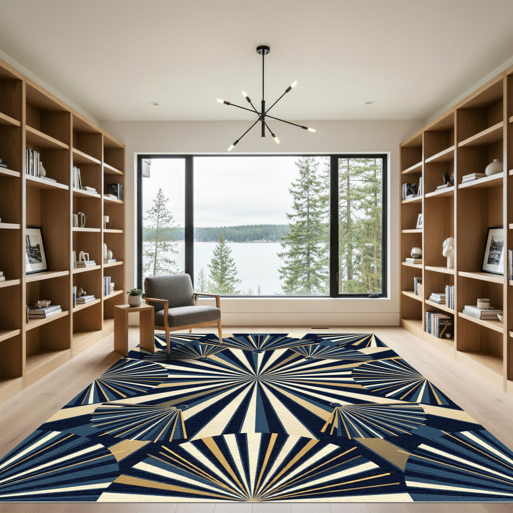 Art Deco Navy and Gold Fan Rug