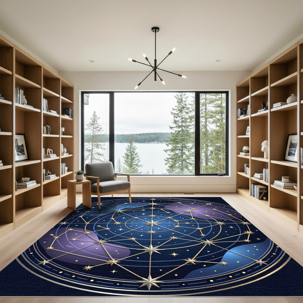 Celestial Gold Starry Constellation Midnight Circle Rug