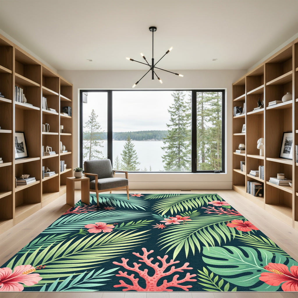 Lush Tropical Hibiscus Coral Foliage Rug