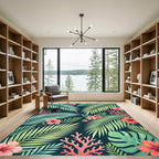 Lush Tropical Hibiscus Coral Foliage Rug