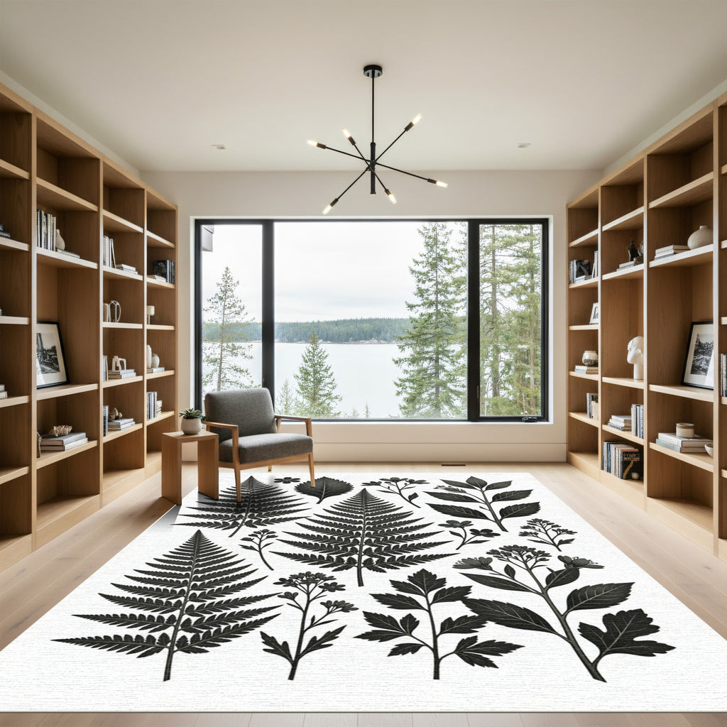 Monochrome Botanical Fern and Wildflower Illustration Rug
