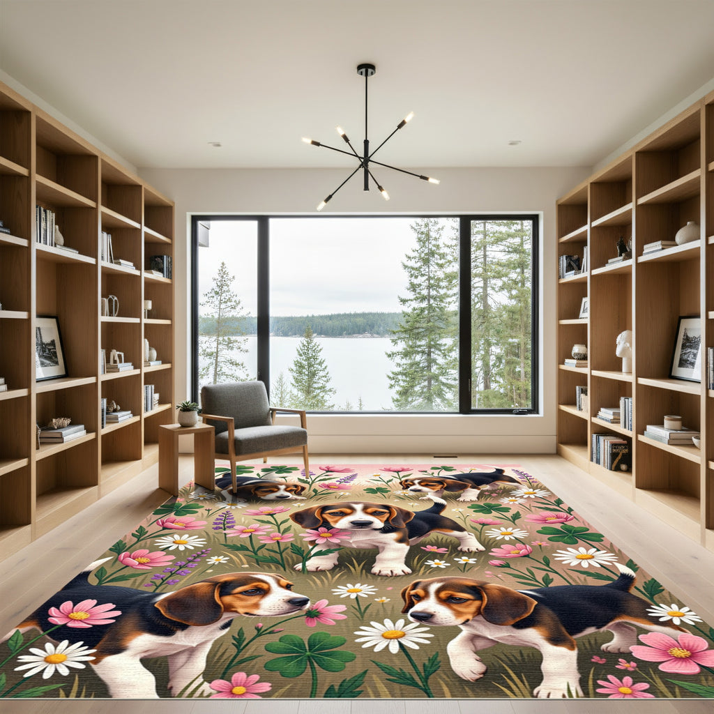 Playful Beagle Puppy Floral Meadow Rug