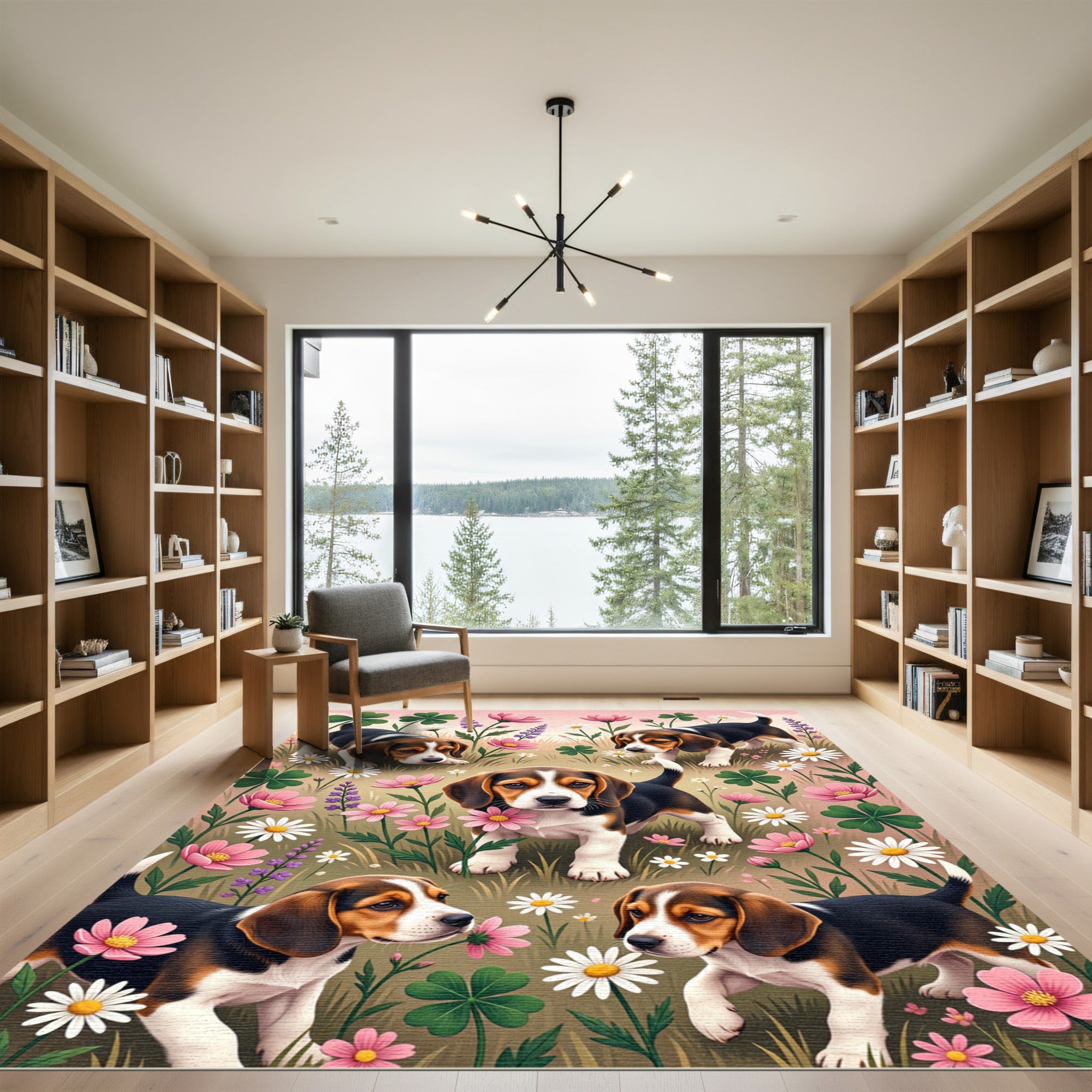 Playful Beagle Puppy Floral Meadow Rug