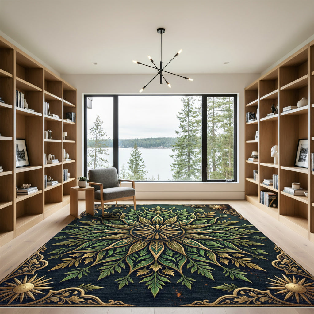 Antique Green Floral Sunburst Motif Rug