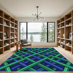 Geometric Intertwined Teal and Cobalt Lattice Rug