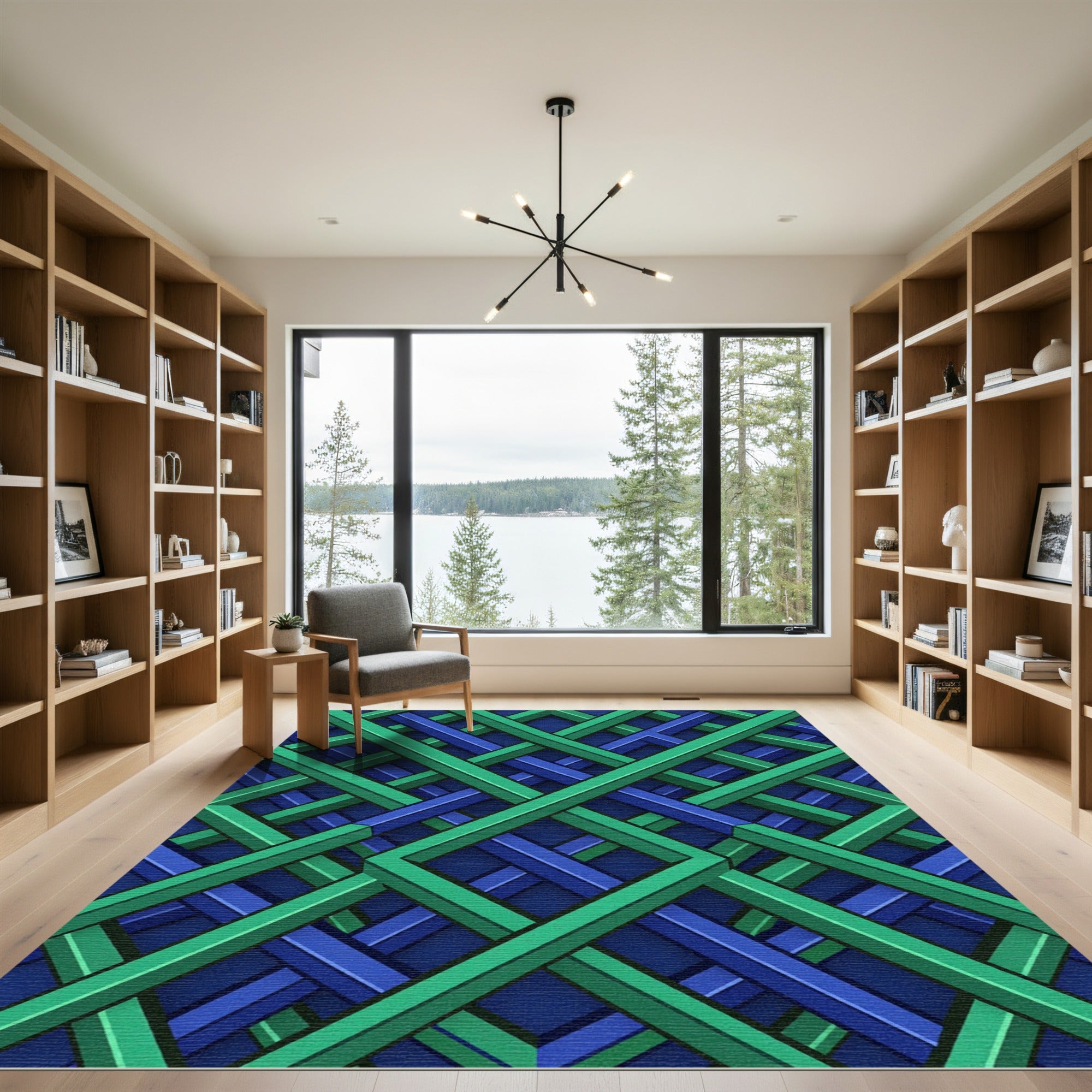 Geometric Intertwined Teal and Cobalt Lattice Rug