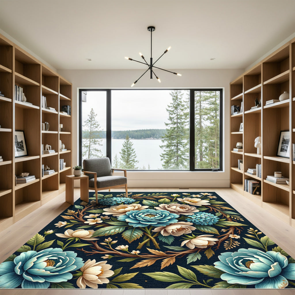 Rich Teal Cream Floral Botanical Wreath Rug